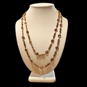 RARE 1930's Vintage Gold Tone Engraved Chain Necklace with 30 Topaz Crystals.